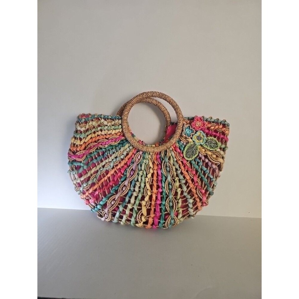 Cappelli Straworld Multicolor Half Moon Handbag Straw Handles Boho Beachy